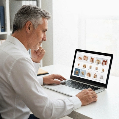 Person thoughtfully choosing a gift online on a laptop, with various gift options on screen, clean image