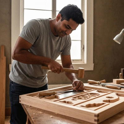 Hands crafting a DIY wedding gift, with tools and materials on a clean workspace