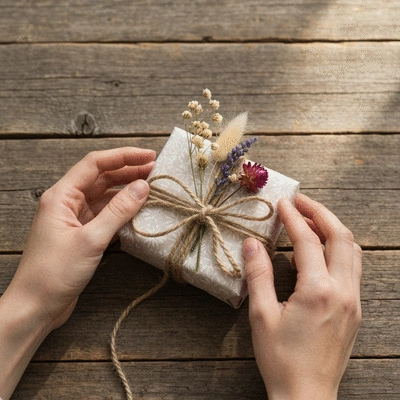 Hands wrapping a handmade gift with natural elements like dried flowers and twine