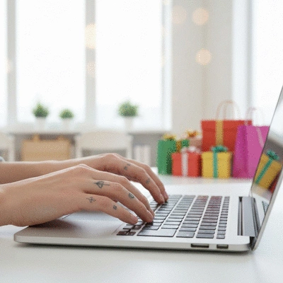 Close-up of hands typing on a laptop keyboard with gift boxes and shopping bags in the background, clean image