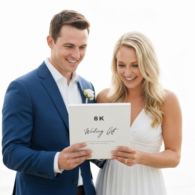 Couple looking at a thoughtful, personalized wedding gift with a smile, no text, no words, no typography, clean image