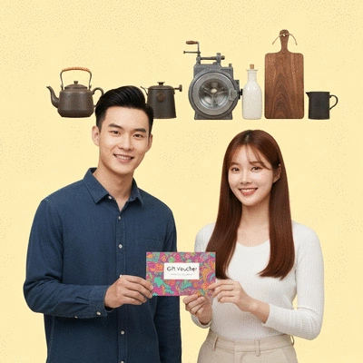 Modern couple receiving an experience gift, such as tickets or a voucher, with traditional household items in the background, showing a clear preference for experiences over material goods, no text, no words, no typography, no labels, clean image