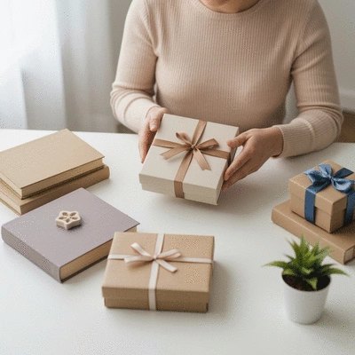 Person thoughtfully selecting a gift, surrounded by various options, with personality traits subtly hinted at through colors or symbols, clean image, no text