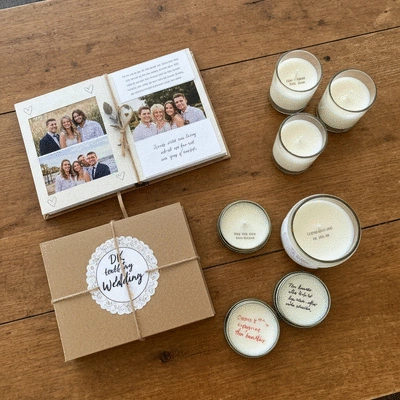 Thoughtful DIY wedding gift, like a personalized photo album or handmade candles, on a rustic wooden table, no text, no words, no typography, 8K