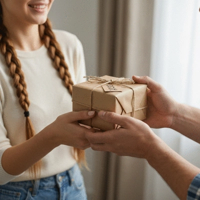 Close-up of hands exchanging a beautifully wrapped, personalized gift, conveying heartfelt emotion and connection.