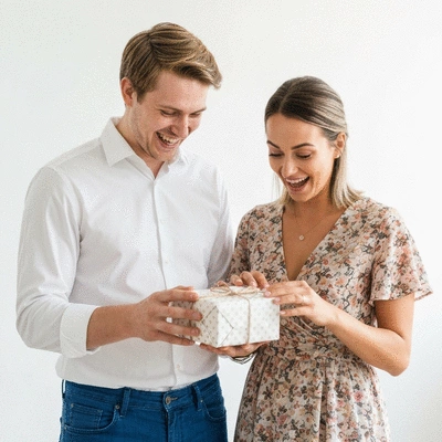 Couple happily unwrapping a handmade wedding gift, showing joy and appreciation