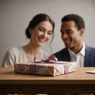 Beautifully wrapped unique wedding gift on a table, with a blurred happy couple in the background, no text, no words, no typography, clean image