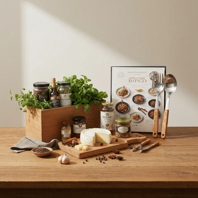 Gourmet gift basket with cooking utensils and ingredients, symbolizing gifts for culinary enthusiasts