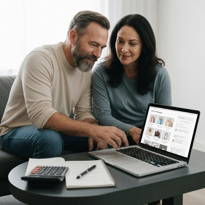 Couple looking at a wedding gift registry on a laptop, with a calculator and budget notes nearby, no text, no words, no typography, 8K