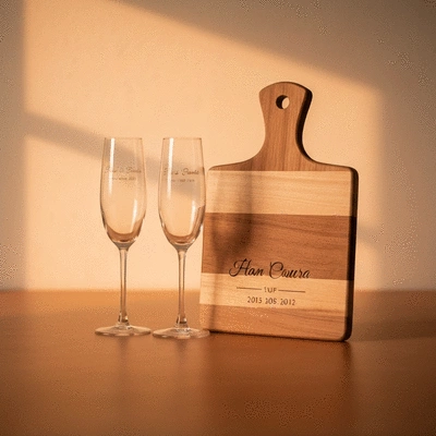 Engraved champagne flutes and a custom cutting board