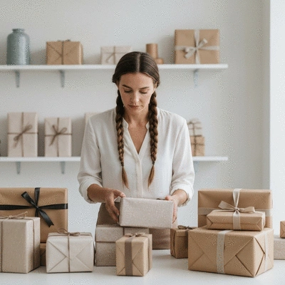Person thoughtfully selecting a gift, surrounded by various gift options in a clean, modern setting, no text, no words, no typography, 8K