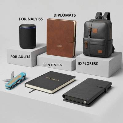 Variety of gifts arranged representing different personality types: tech gadgets for analysts, personalized items for diplomats, practical tools for sentinels, and travel gear for explorers, clean image, no text