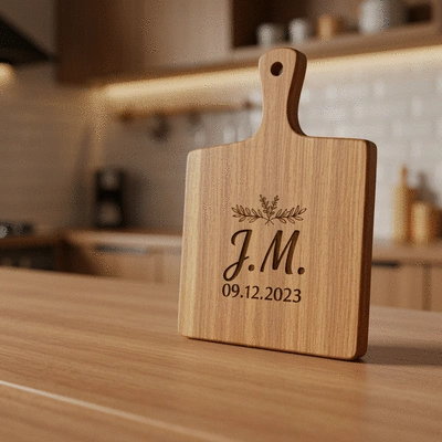 Close-up of a beautifully engraved wooden cutting board with a couple's initials and wedding date
