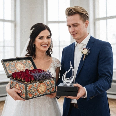 Couple looking at wedding gifts, one romantic and one functional, showcasing different personality types