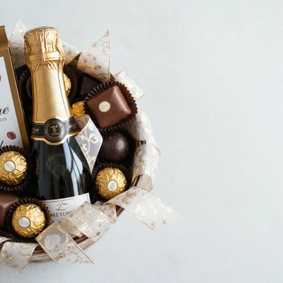 Elegant gift basket with wedding themed items