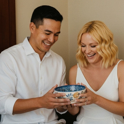 Couple happily opening a well-timed, personalized wedding gift after their honeymoon, showing a thoughtful and appreciated moment, no text, no words, no typography, no labels, clean image