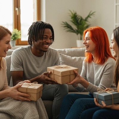 A diverse group of friends exchanging thoughtful, personalized gifts in a warm setting
