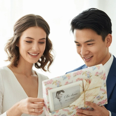 Couple happily opening a wedding gift, with a focus on a personalized item, bright and clean background, no text, no words, no typography, 8K, natural lighting