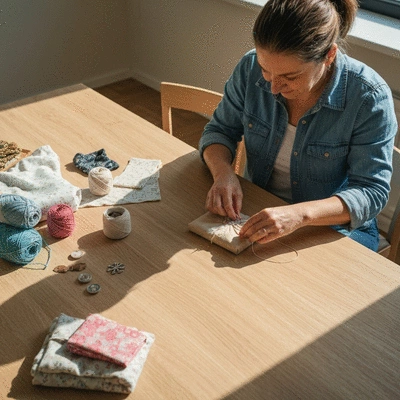 Person crafting a handmade gift, surrounded by various materials like fabric, yarn, and small decorative items