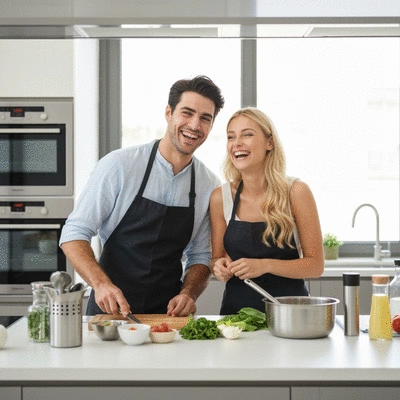Couple enjoying a cooking class together, smiling, with fresh ingredients on a clean kitchen counter