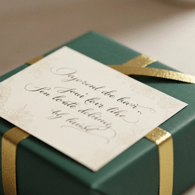 Close-up of a beautifully handwritten note being placed with a personalized gift, conveying thoughtfulness and care.