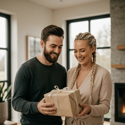 Couple happily unwrapping a beautifully personalized wedding gift in a modern home setting