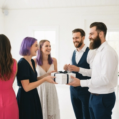 Guests at a modern wedding reception, exchanging gifts, bright and clean background, no text, no words, no typography, 8K, natural lighting